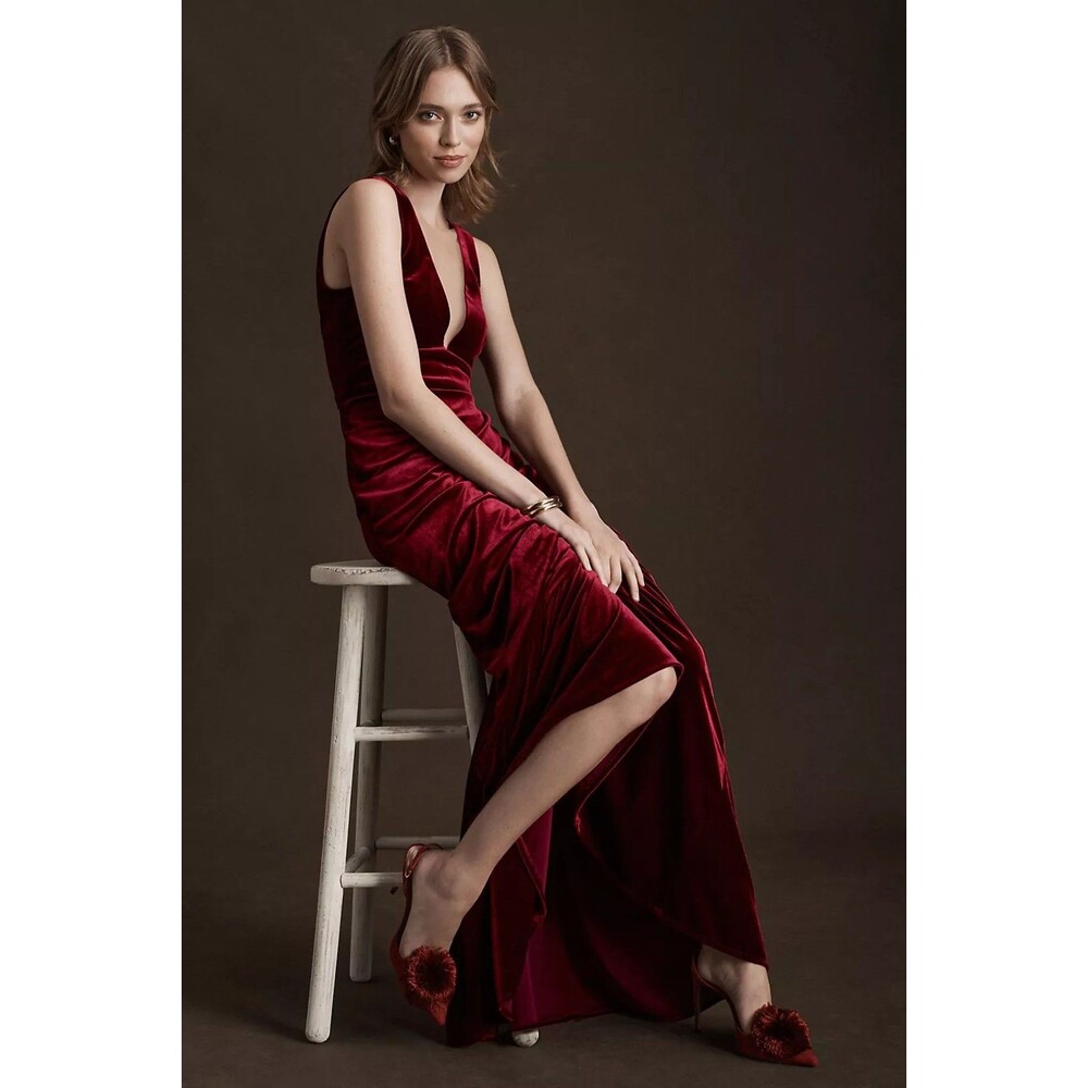 BHLDN Anthropologie Jenny Yoo Logan Deep-V Velvet Column Gown Size 8